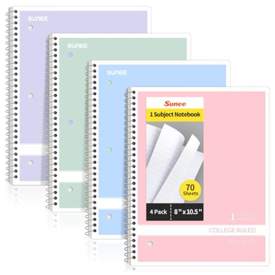 Paper Punch 3 Hole - Spiral Notebooks, 1-Subject, 4 Pack, 8